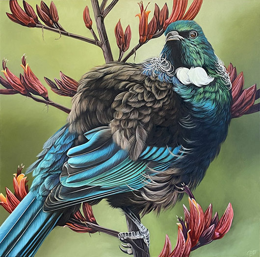 Craig Platt nz bird art, prime position Tui, oil on canvas
